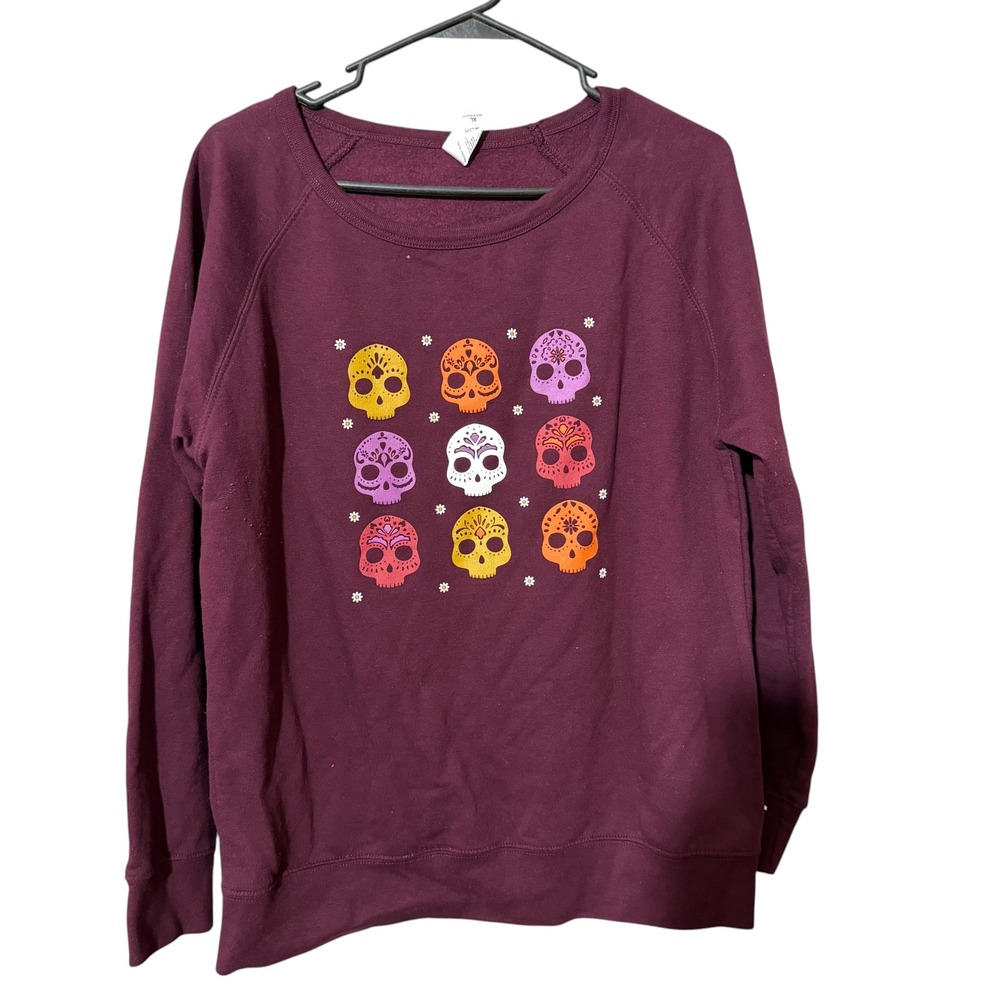Independent Trading Co Womens XL Maroon Sugar Skull Graphic Sweatshirt Pullover